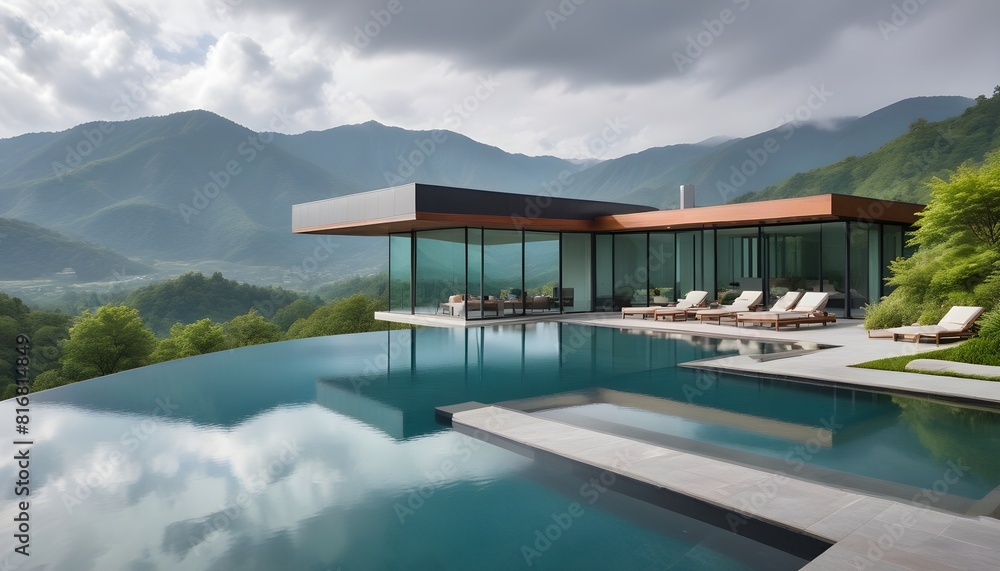 Fototapeta premium A modern, two-story glass and concrete house with a large swimming pool in the foreground, surrounded by a mountainous landscape