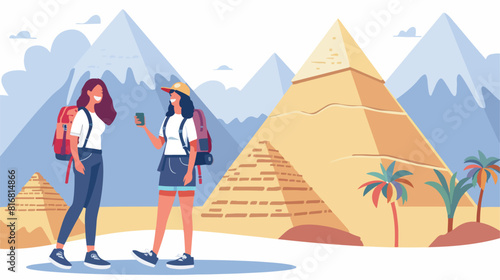 Tourists taking photo with pyramids during travel 