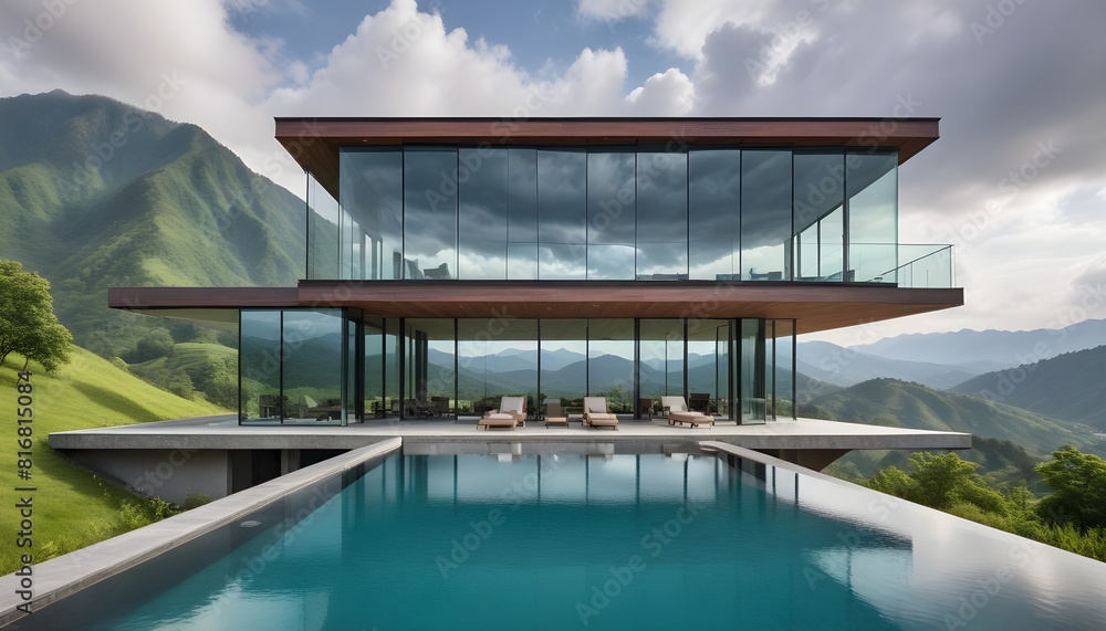 Fototapeta premium A modern, two-story glass and concrete house with a large swimming pool in the foreground, surrounded by a mountainous landscape