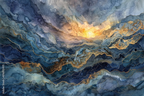 A beautiful painting of a sunset in a cloudy sky. Ideal for adding a calming touch to any space