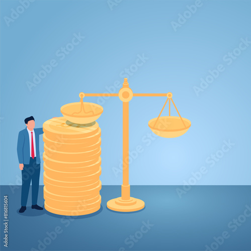 A man balances legal scales by placing coins, illustration for legal bribery.