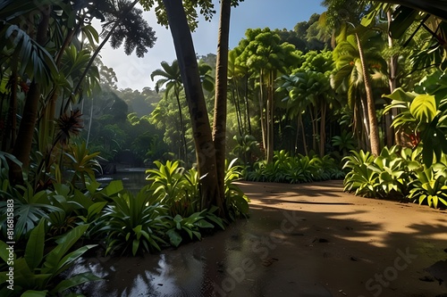 A serene pool surrounded by lush greenery and a small waterfall. a dense  foggy rainforest with tall palm trees and a variety of other tropical plants. In the foreground  an orange flower stands out a