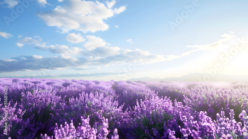 A peaceful lavender field in full bloom under a clear summer sky