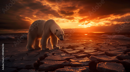 Polar Bear Walking on Cracked Ice at Sunset in the Arctic