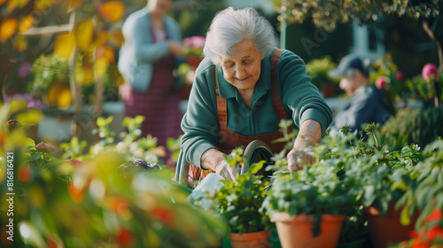 Wallpaper Mural lderly woman in a wheelchair waters plants with friends at a community garden, promoting interaction. Targets older adults for outdoor activities enhancing their wellbeing. Torontodigital.ca