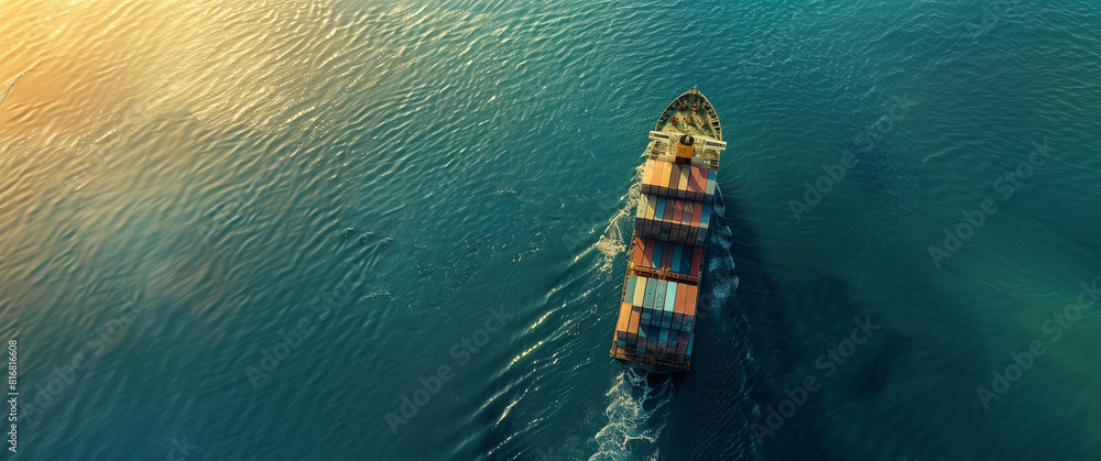 A cargo ship cuts through the sparkling sea, leaving a white trail in its wake. Generative AI