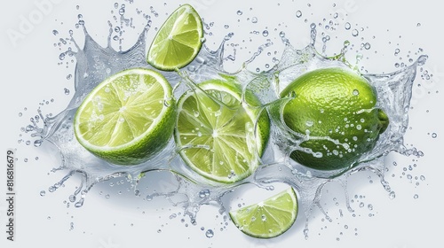 Green lemon slices with water drops splashing isolated on transparent background.
