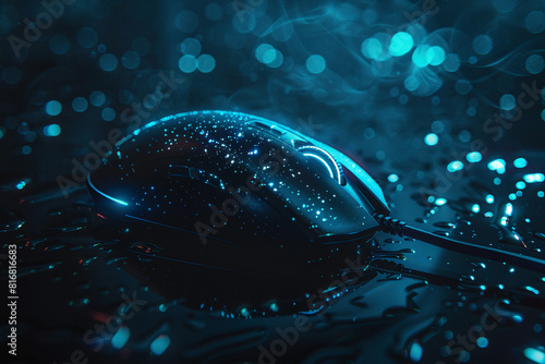 Gaming mouse with neon lighting. Close-up photo and dark background 