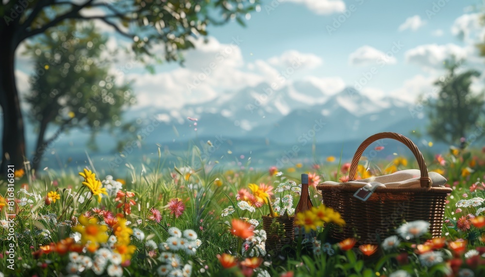 Surprise picnic for two set up in a field of wildflowers, with a basket and a bottle of wine. Romance, simplicity, outdoors Surprise picnic for two set up in a field of wildflowers, with a basket and a bottle of wine. Romance, simplicity, outdoors