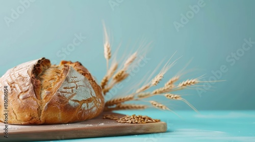 Whole-grain bread is cut into thin slices on a cutting board next to the grain. Place next to the ears of rice. photo