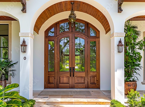 Front view of a beautiful wooden door with an arched top and glass windows on the sides in a front yard,