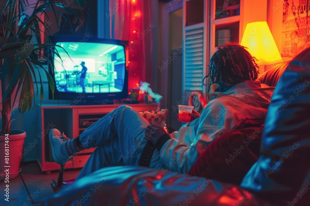 A man relaxing on a couch while watching television. Suitable for lifestyle and entertainment concepts A man relaxing on a couch while watching television. Suitable for lifestyle and entertainment concepts