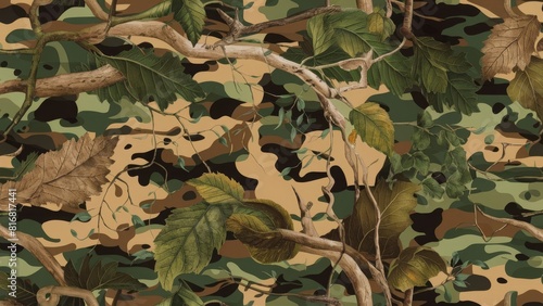 a camouflage pattern inspired by nature s foliage.  a blend of earthy tones such as greens  browns  and tans   interwoven to create a sense of concealment and adaptation