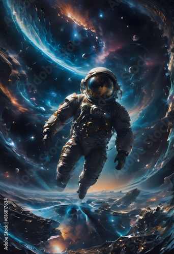 Astronaut Floating in Cosmic Nebula 