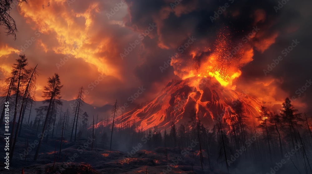 Erupting volcano with molten lava flowing through a burning forest under a dramatic sky.