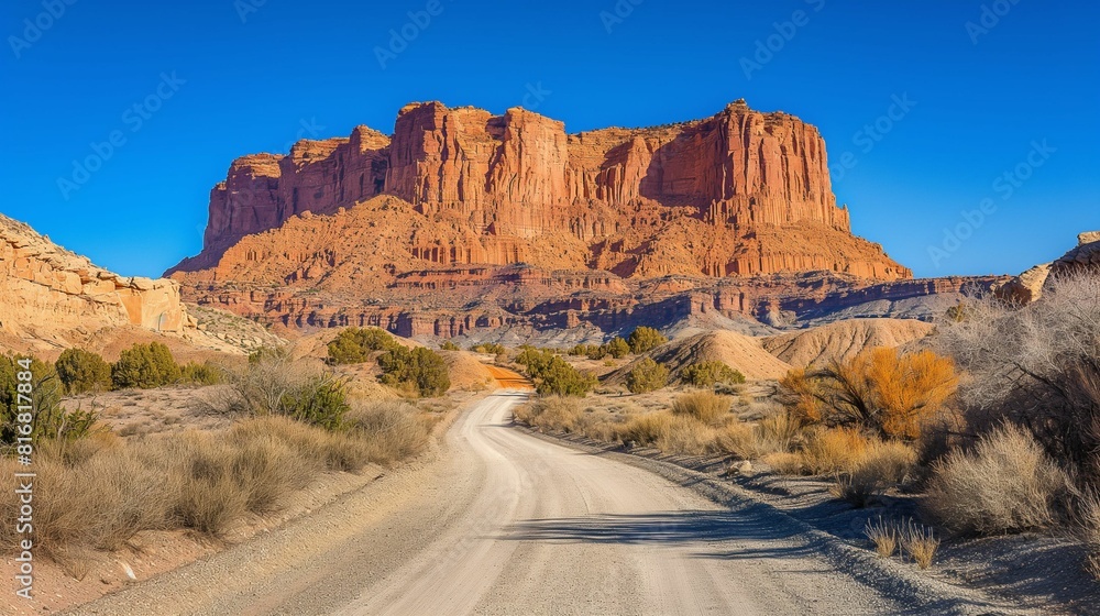 Scenic view of a large red sandstone butte in the desert with a clear blue sky. Scenic view of a large red sandstone butte in the desert with a clear blue sky.