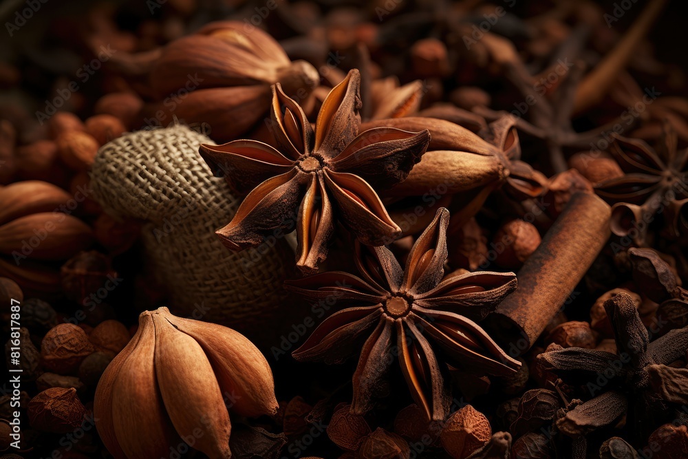 Anise seeds, cinnamon sticks, and star anise pods are neatly arranged on a wooden table, showcasing a selection of aromatic cloves and spices. Generative AI Anise seeds, cinnamon sticks, and star anise pods are neatly arranged on a wooden table, showcasing a selection of aromatic cloves and spices. Generative AI