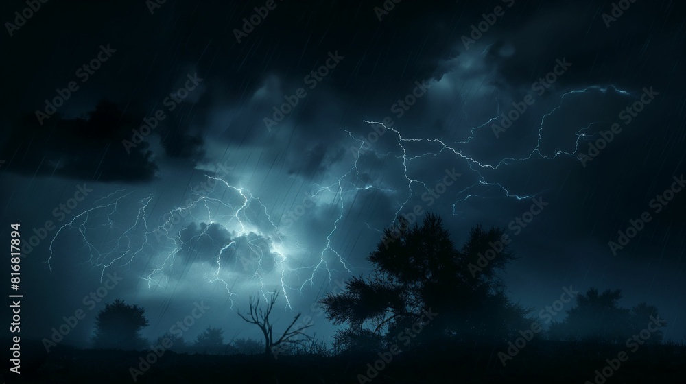 Dramatic thunderstorm with intense lightning bolts illuminating the night sky over silhouetted trees.