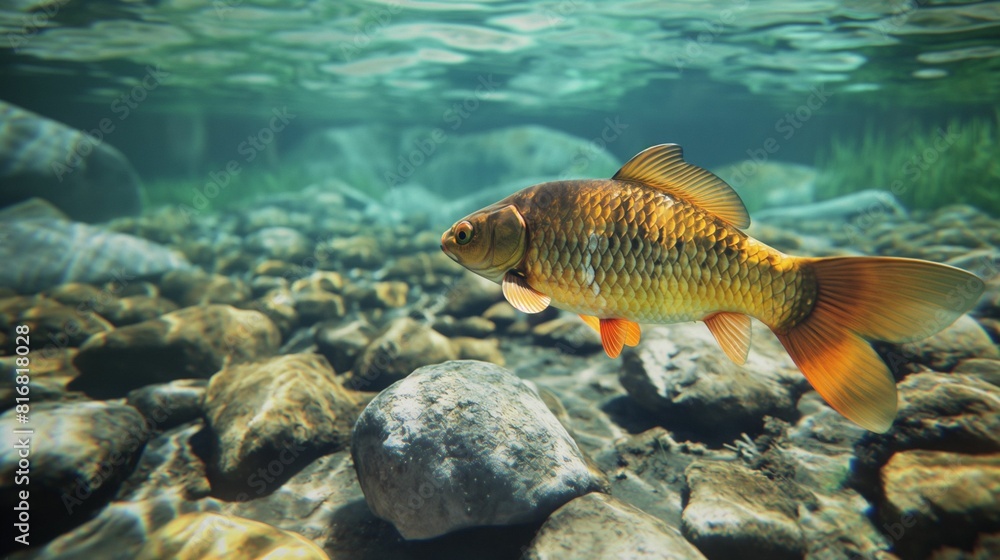 Obraz premium A fish swimming underwater among rocks and plants.