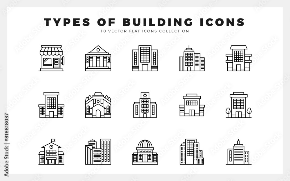 15 Types of Building Lineal icon pack. vector illustration.