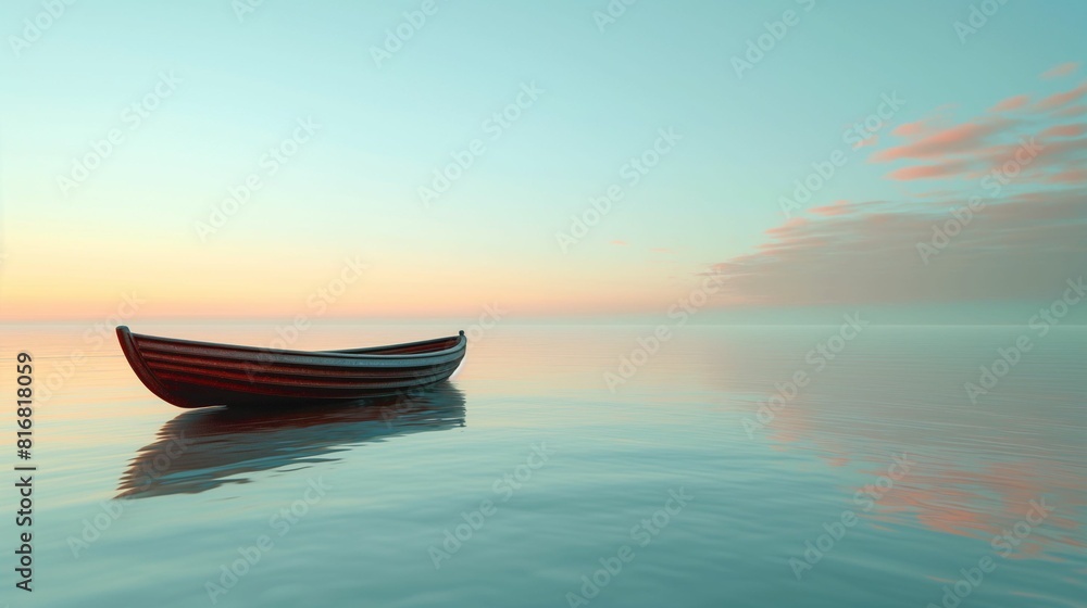 Lonely boat floating on calm water at sunrise. Lonely boat floating on calm water at sunrise.