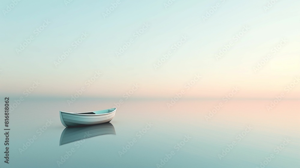 Naklejka premium Lonely boat floating on calm water at sunrise.