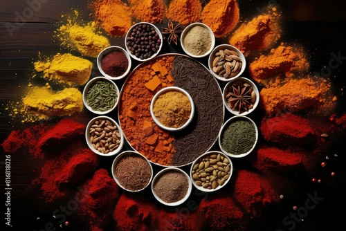 Various bowls filled with a diverse range of spices, creating a colorful and aromatic display. Generative AI