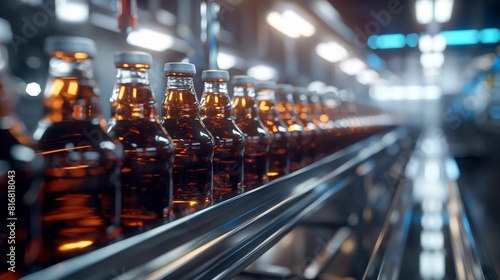 Bottles of beverage on a production line in a factory. Industrial and manufacturing concept.