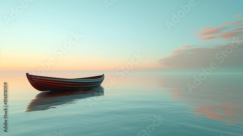 Lonely boat floating on calm water at sunrise.