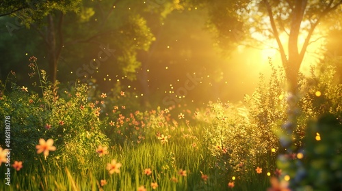 Sunlit meadow with wildflowers and green grass at sunrise.
