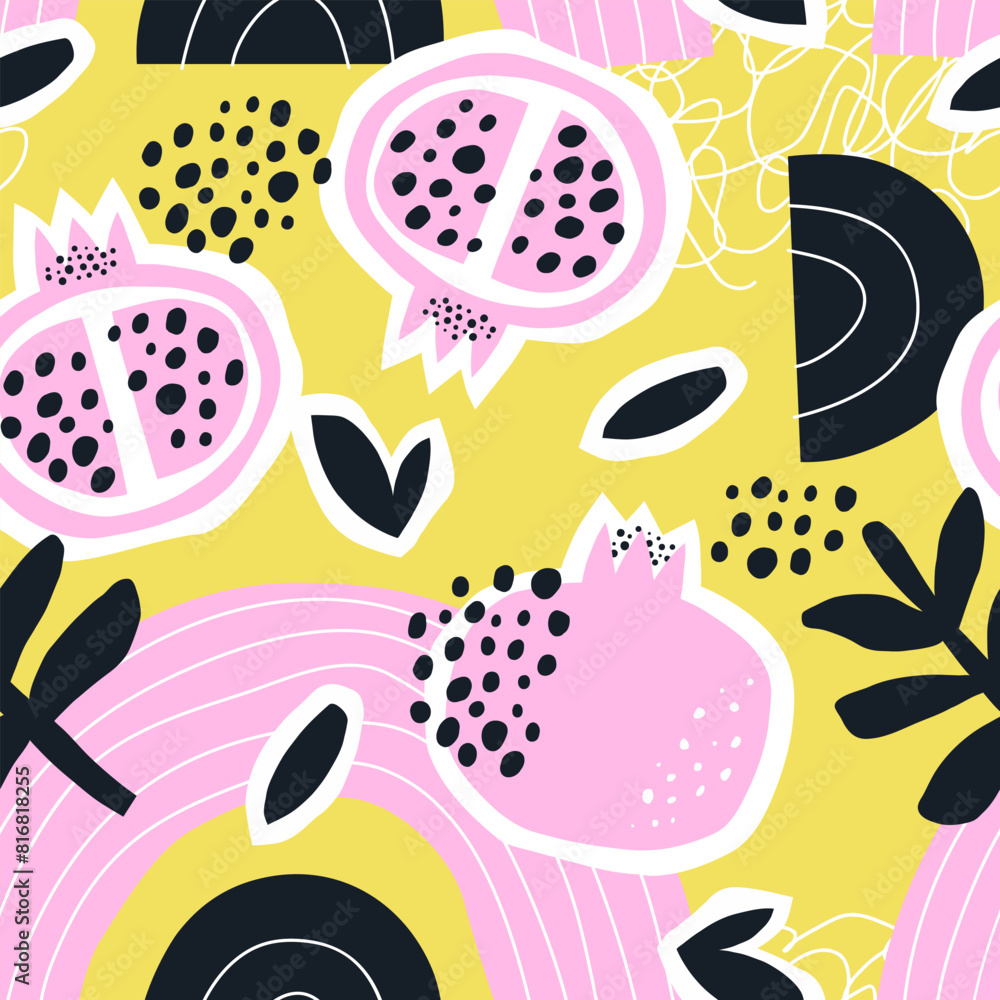 Seamless pattern with pomegranate fruits. Collage style. Seamless pattern with pomegranate fruits. Collage style.