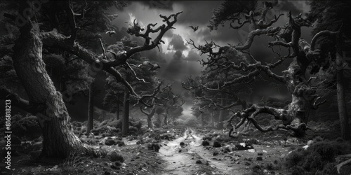 A black and white photo of a mysterious forest. Suitable for nature backgrounds #816818213