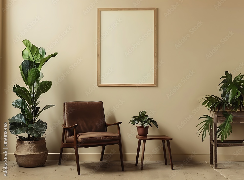 Generate an aesthetic photo of a Scandinavian-style room with beige walls, plants on a table and a chair in brown leather