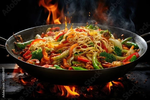 A wok filled with noodles and vegetables is ablaze with fire, creating a sizzling and vibrant cooking scene. Generative AI