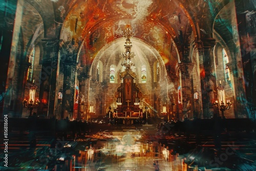 A beautiful painting of a church with colorful stained glass windows. Perfect for religious and architectural concepts