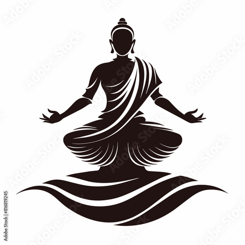  a dynamic silhouette of a Buddha statue in motion, capturing the essence of enlightenment and spiritual awakening with white Background