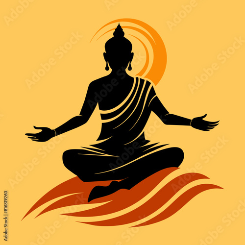  a dynamic silhouette of a Buddha statue in motion, capturing the essence of enlightenment and spiritual awakening with white Background