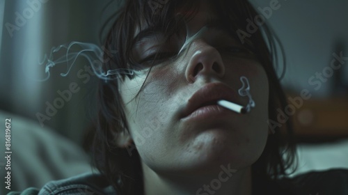 A woman with a cigarette in her mouth. Suitable for lifestyle and addiction concepts photo
