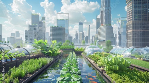 An innovative urban agriculture setup featuring rooftop greenhouses and fish tanks integrated into the city skyline, showcasing the potential for sustainable food production in metropolitan areas.