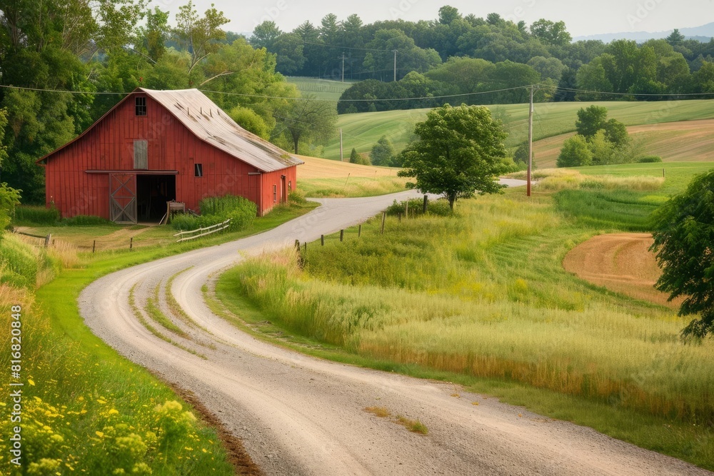 rustic barn on winding country road amidst rolling farmland rural americana scene rustic barn on winding country road amidst rolling farmland rural americana scene
