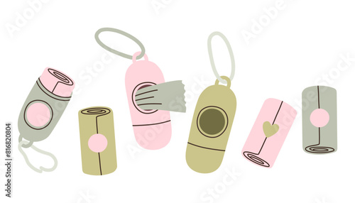 Dog poop bags set. Poop bags in holder. Packet for dog poo. Cartoon, flat. Isolated vector illustration eps10