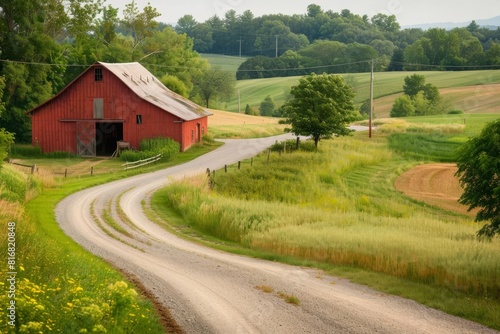 rustic barn on winding country road amidst rolling farmland rural americana scene