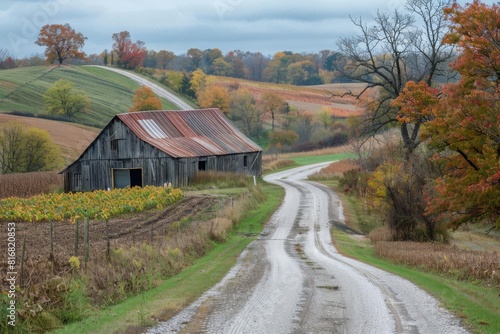 rustic barn on winding country road amidst rolling farmland rural americana scene © furyon