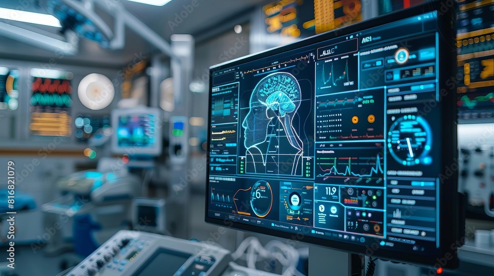 A medical examination room where an AI diagnostic tool analyzes patient data and suggests treatments, revolutionizing healthcare with precision, Close up