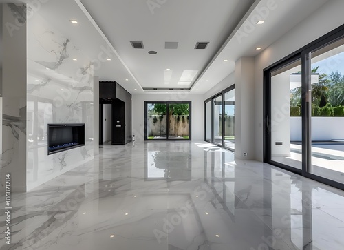 In an empty modern house with a marble floor  white walls and black wooden doors  a white ceiling and glass windows  the wall on one side has a fireplace