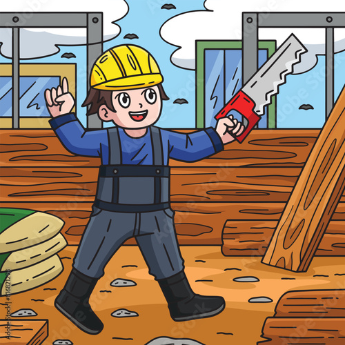 Construction Worker with Hand Saw Colored Cartoon