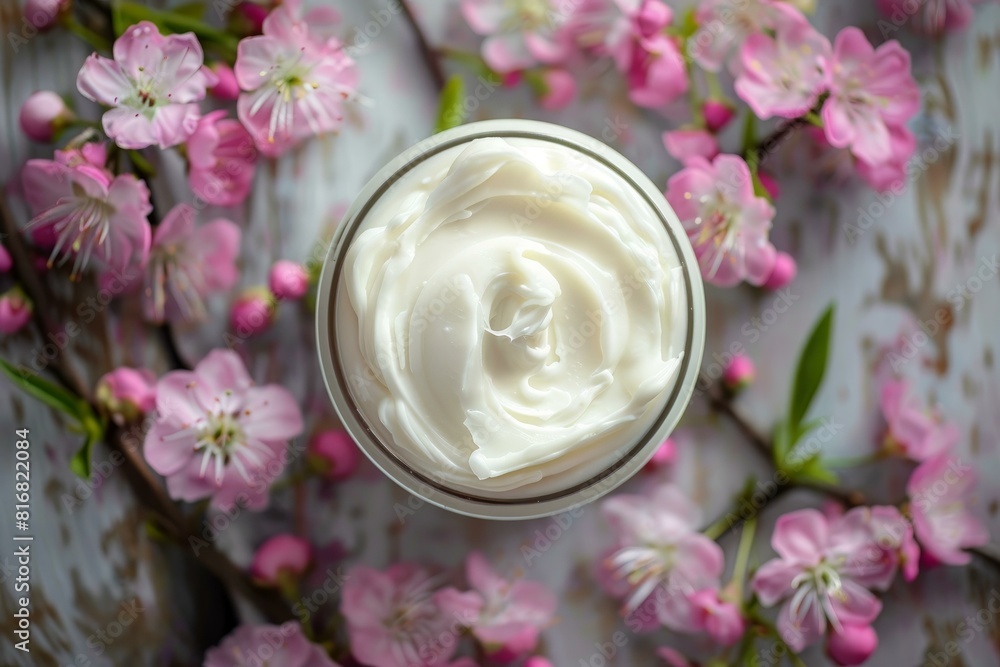 Top view of a jar of cosmetic cream among cherry blossom flowers on wood Top view of a jar of cosmetic cream among cherry blossom flowers on wood