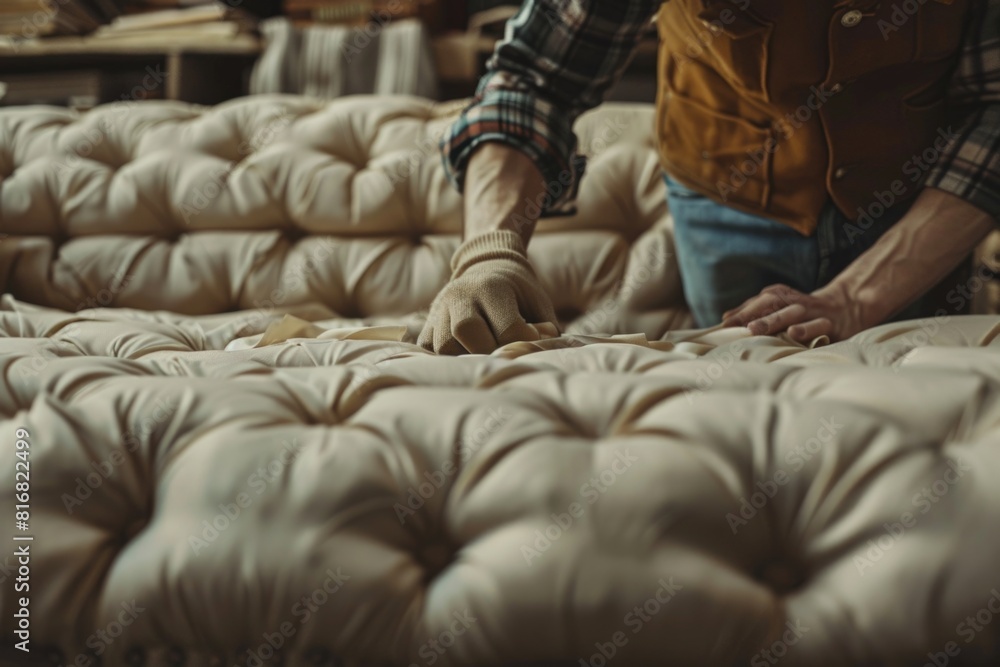 A man working on a couch in a factory, suitable for industrial concepts A man working on a couch in a factory, suitable for industrial concepts