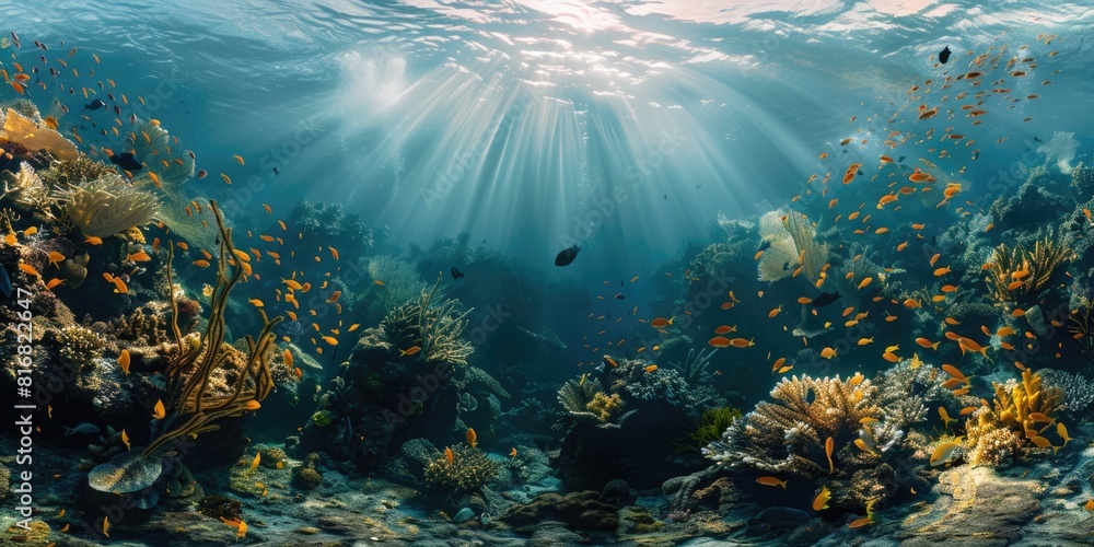 Fototapeta premium An underwater view of a vibrant coral reef with a variety of fish. Perfect for marine life or underwater exploration themes