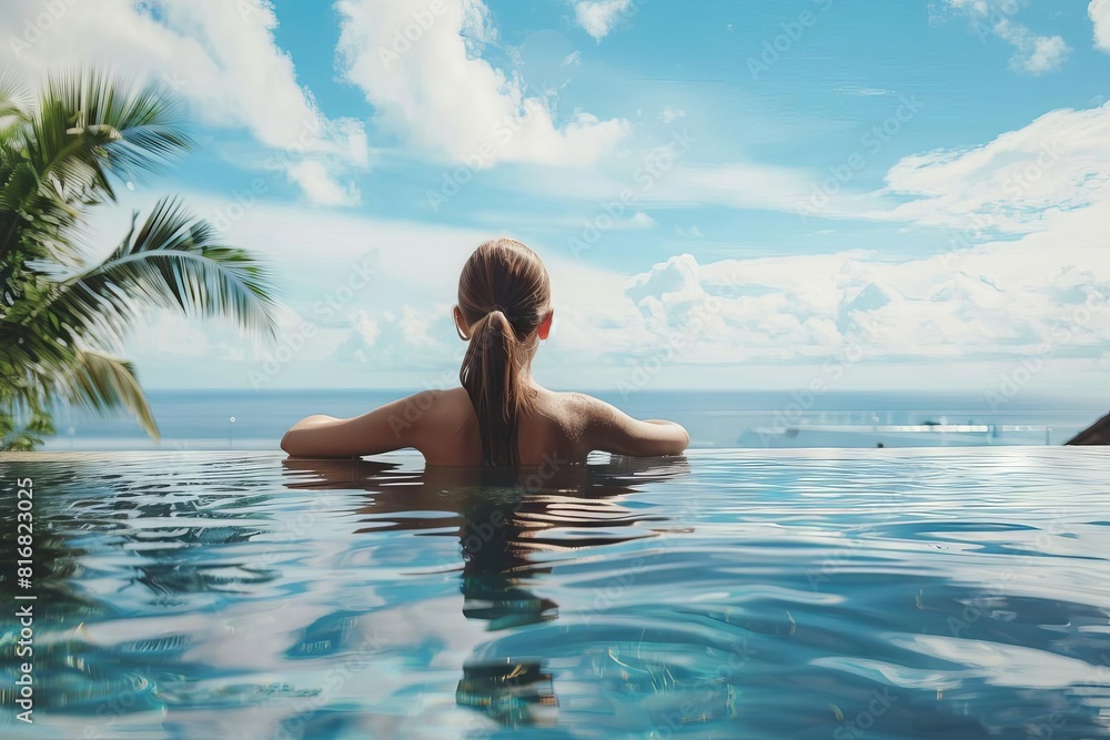 serene woman relaxing in luxurious infinity pool summer vacation lifestyle photography serene woman relaxing in luxurious infinity pool summer vacation lifestyle photography